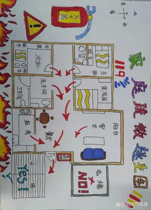 手抄报家庭疏散逃生图 比这自己家的结构画的,后边有黑白线稿,需要的