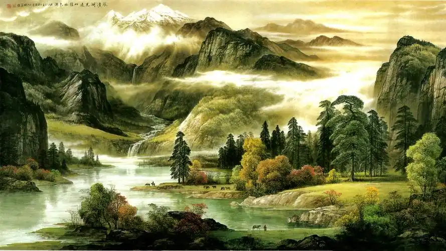 云雾缭绕 清水 静潭 雪峰 小溪 瀑布清幽 水墨山水画风景桌面壁纸