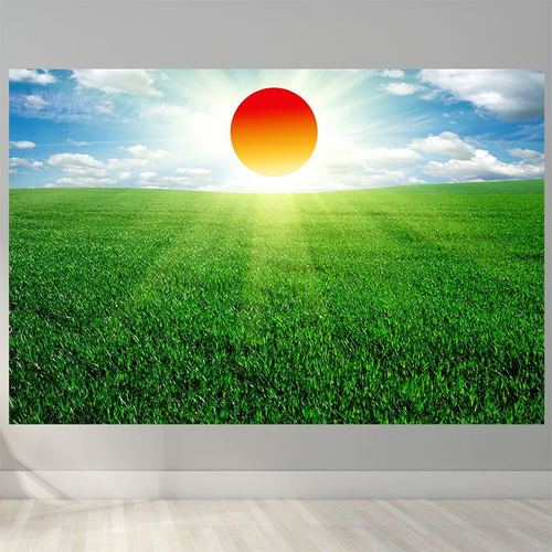 蓝天白云红太阳旭日东升绿色草地客厅卧室餐厅墙贴装饰自粘贴画