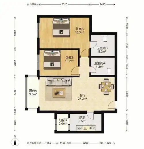 西城好房蝶翠华庭的双卫两居室方正户型