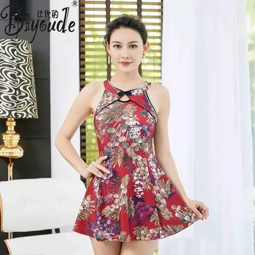 复古旗袍款泳衣女连体保守裙式平角泳装中老年妈妈泡温泉游泳衣