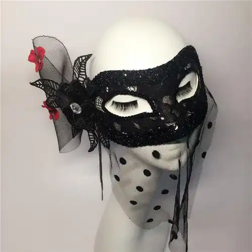 威尼斯黑色面纱侧花舞会派对公主面具 演出走秀模特蒙面歌王面具