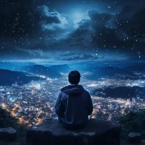 深夜男人山顶独自面对城市喧嚣灯火男生背影头像 ai孤独感星空下失恋