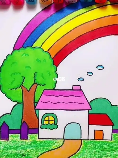 和孩子一起画个彩虹房子简笔画文化绘画