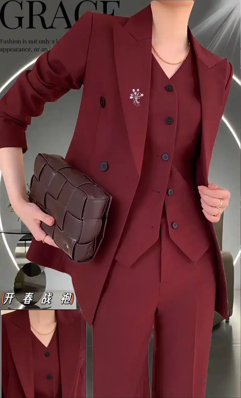 2024新款酒红色西装套装女春秋御姐风总 - 抖音