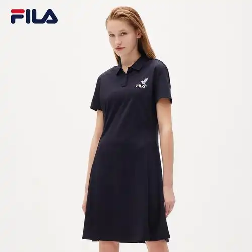fila斐乐女子显瘦连衣裙2022年夏翻领休闲短袖裙子优雅纯色运动裙