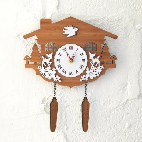 乡村田园竹木森林木屋动物布谷鸟挂钟杜鹃鹿墙面壁装饰时钟挂表