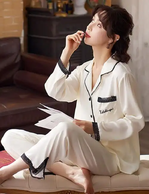 春夏季睡衣女冰丝绸长袖薄款清新仿真丝开衫夏天家居服套装