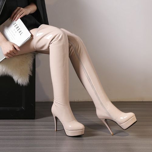 性感超高跟大腿靴钢管舞漆皮大腿靴胖mm防水台长靴加大筒围过膝靴