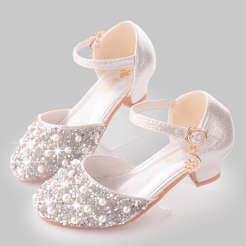 韩版亮片女童鞋儿童t台走秀水晶高跟鞋金色银色配拖尾礼服公主裙