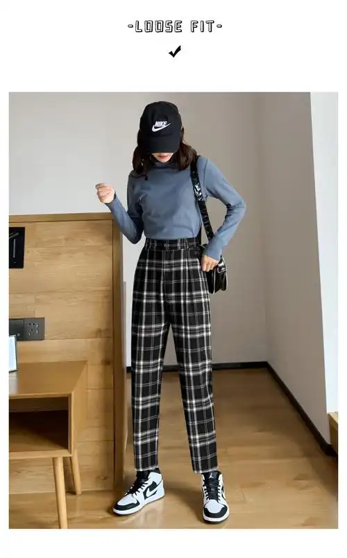 艳如飞黑白格子裤子女春夏宽松直筒显瘦高腰垂感休闲春秋拖地薄款阔腿