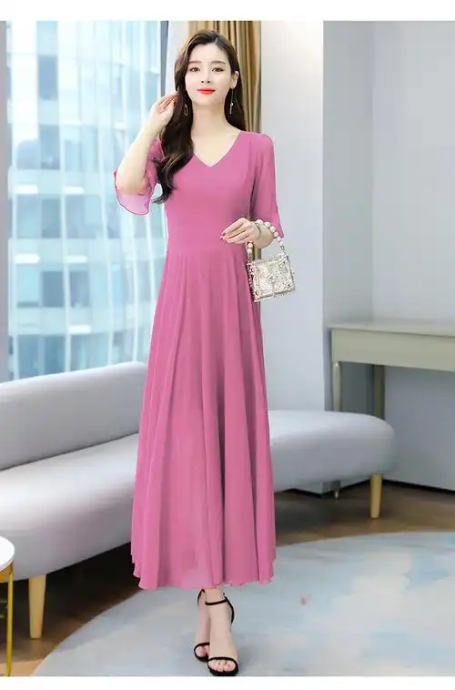 长袖雪纺连衣裙2021新款气质v领优雅大摆收腰修身显瘦淑女夏长裙