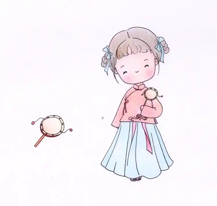 水彩笔手绘,可爱迷你的古装小女孩简笔画.挂香囊的古装女孩.