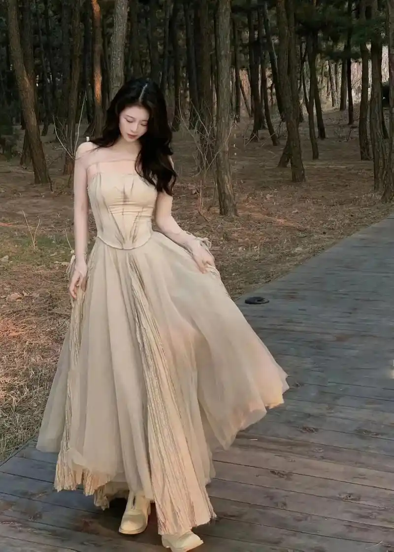 xiomara蕾丝拼纱吊带裙50配网纱袖套