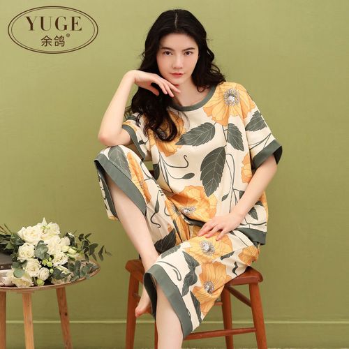 睡衣女夏季纯棉薄款短袖七分裤女装可外穿休闲大码家居服两件套装