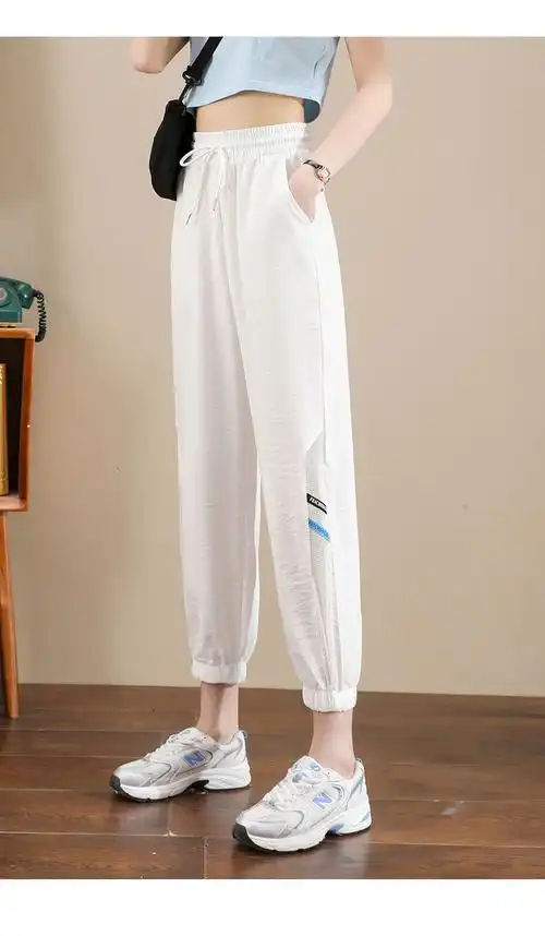 网纱运动裤女夏季薄款高腰冰丝雪纺休闲九分哈伦裤宽松束脚萝卜裤