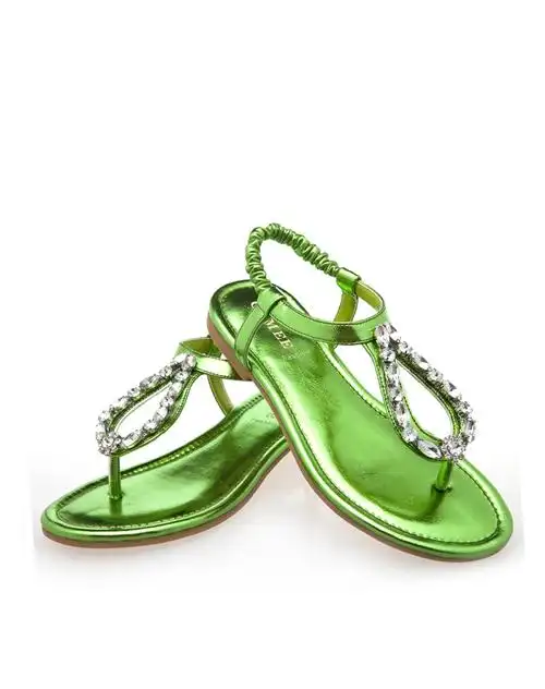 夏款绿色水钻夹脚平底凉鞋