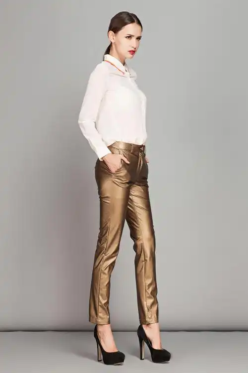 原创品牌 欧美女装批发长裤子个性修身显瘦皮裤时尚金色潮裤5142