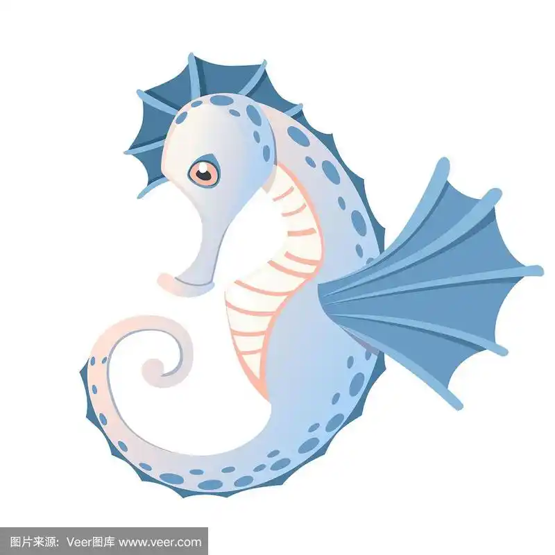 可爱可爱的蓝色海马卡通海洋动物设计平面矢量插图孤立在白色的背景