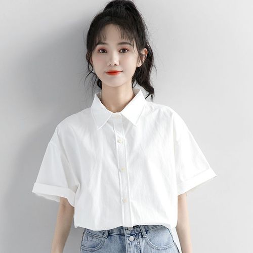 证件照衬衫短袖穿搭工作服ins风白色衬衫女小个子短款上衣女短袖
