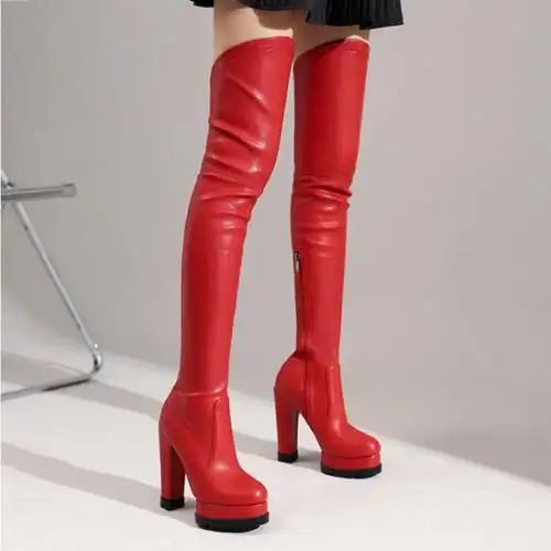 好格莱旗舰店的优惠券大全—防水台粗跟高跟过膝长靴弹力瘦瘦靴长筒女