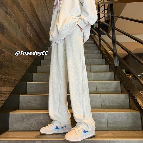 抖音高质量美式春夏卫裤男生宽松直筒阔腿休闲裤青少年新款灰色裤