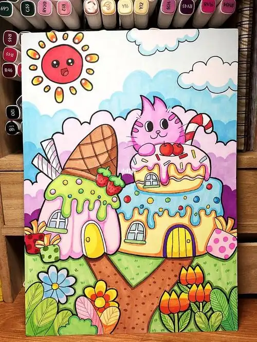 马克笔儿童画—《创意冰淇淋房子》附线稿