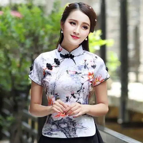 5039 2019春夏新款改良中国风文艺印花提花棉旗袍上衣女装茶服