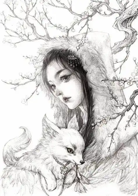 唯美古风人物素描画