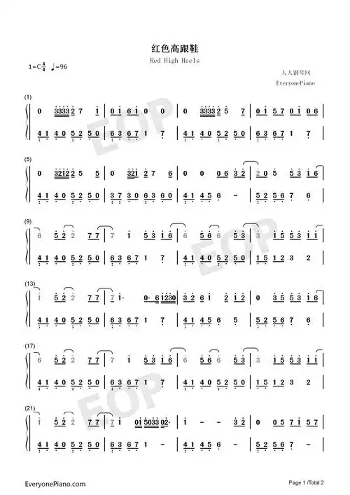 红色高跟鞋初学者简易版爱情呼叫转移2主题曲双手简谱预览1
