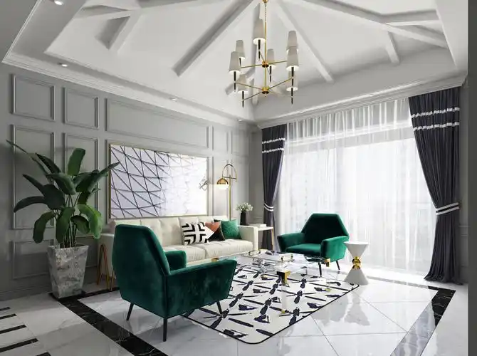 一抹新绿|北欧轻奢风客厅设计3d模型(附效果图)