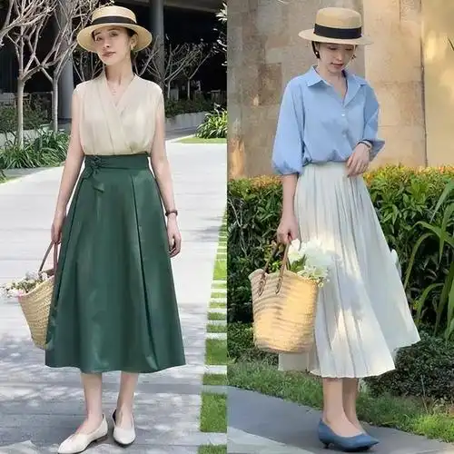 果然这才是最适合50女人夏天装扮t恤褶皱裙减龄显气质