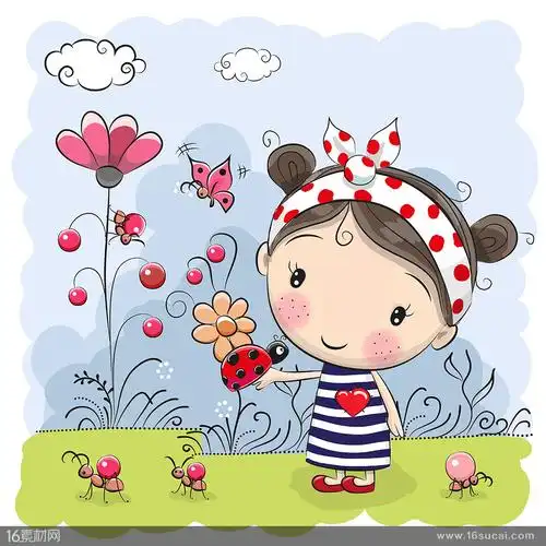 关键词:卡通人物卡通形象小女孩红色花朵心形红色果实金龟子甲壳虫