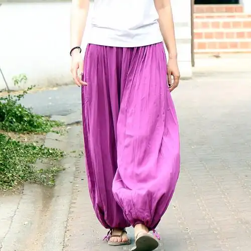 绵绸灯笼裤女夏 印度宽松褶皱瑜伽裤女裤纯色阔腿裤 大腿围休闲裤