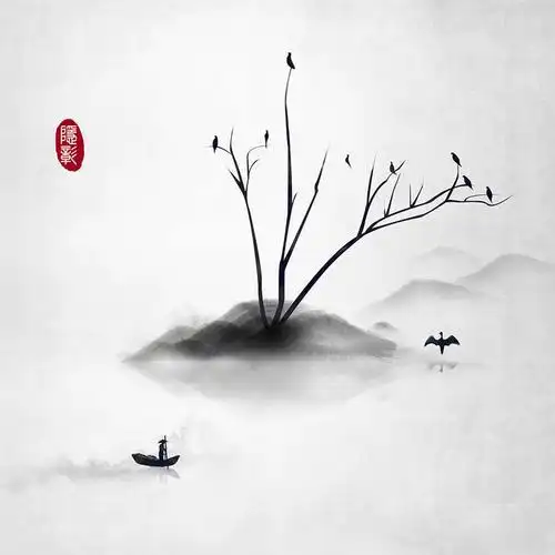 飞鸟树影小船山峦山水画鸟栖古风水墨画中式中国风古风插画
