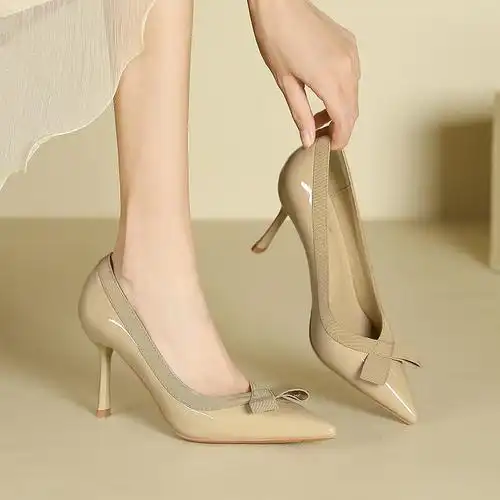 时尚气质蝴蝶结尖头女单鞋漆皮纯色细跟高跟鞋浅口职业通勤高跟鞋