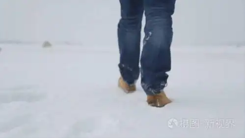 人走在雪地上, 脚印在雪地里, 在后面.人在田野里走在冬天
