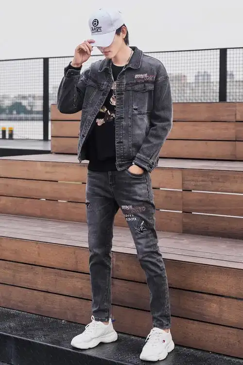 高富帅男装新款春秋季牛仔套装男韩版青年帅气百搭夹克修身两件套