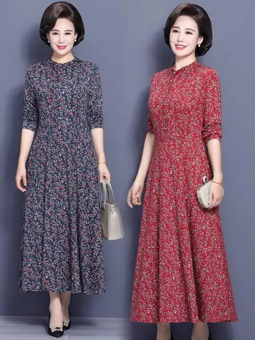 2021新款春秋碎花连衣裙女中老年大码女装妈妈气质中年秋款长裙子