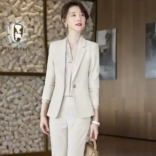 女先生女士职业套装米色长袖西装套装女秋季韩版时尚总裁西服外套职业