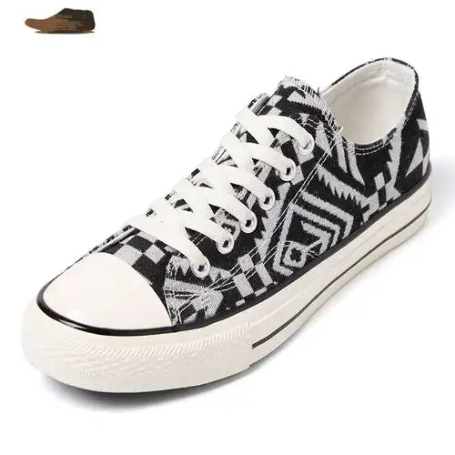 ideamini夏季刺绣帆布鞋男潮流百搭透气鞋子男潮鞋几何图案个性低帮男