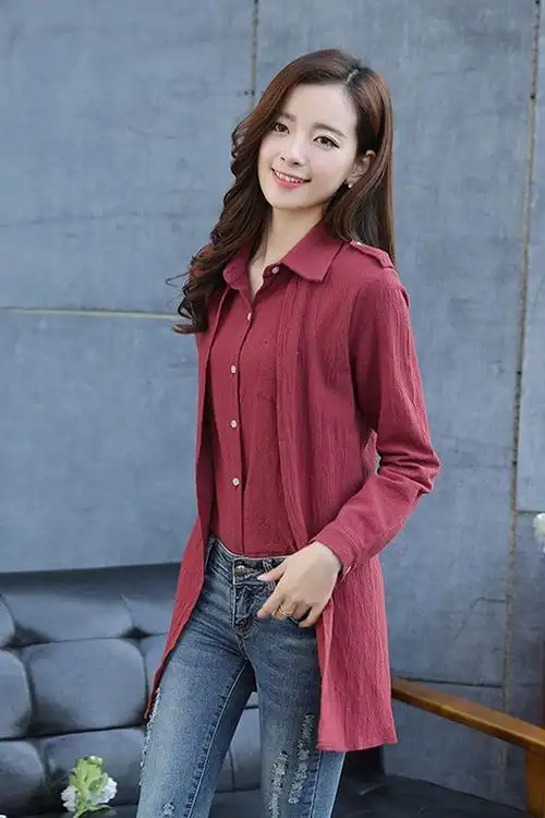 薇小歪 2016春装新款 棉麻女装假两件套夏装职业衬衣套装棉麻中长款大