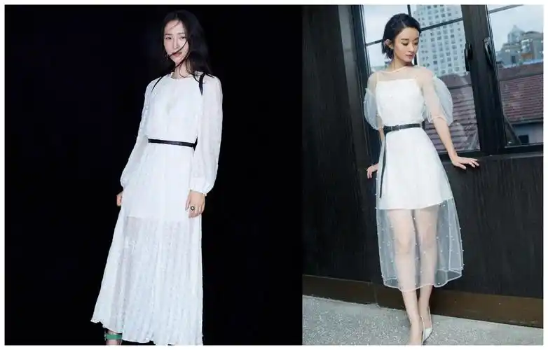 白色连衣裙配上黑腰带,江一燕pk赵丽颖,输赢都在脚上了