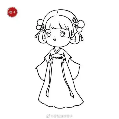 古风插画|简笔画|92两只汉服少女彩铅简笔画|汉服小姐姐