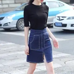 2017春夏新款韩版高腰牛仔裙女半身裙深蓝色a字短裙包臀裙裤裙子