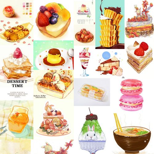 500张手绘稿彩铅水彩蛋糕甜点菜冰激凌美食绘画图片资料配图合集