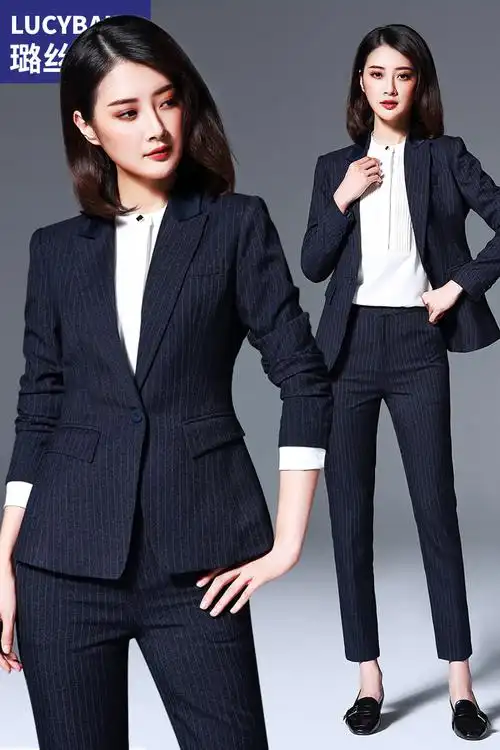 璐丝百丽条纹西服套装女英伦时尚工装西装面试休闲职业装正装