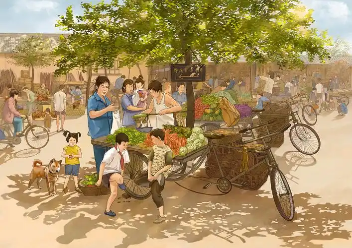 这张插画描绘的是上世纪80年代初,实行自由市场经济,野庄这个小村庄的