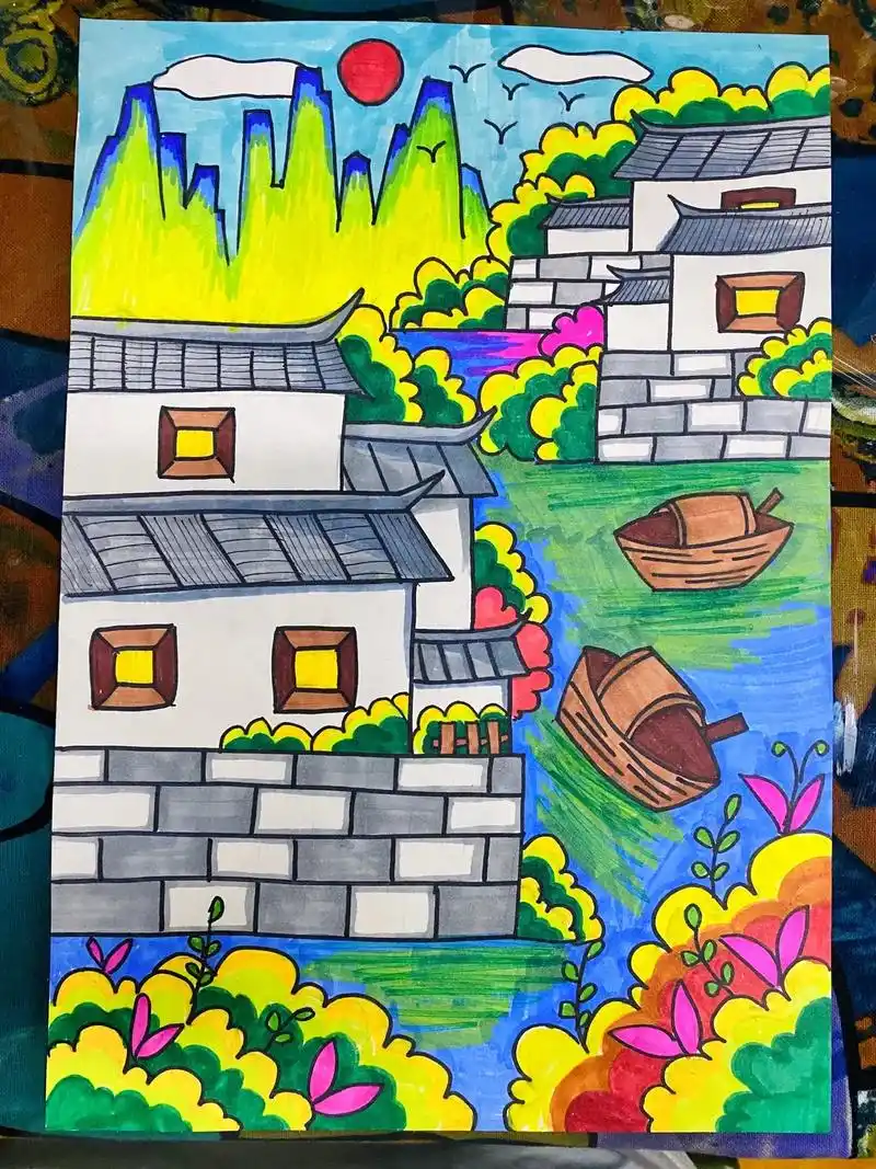 江南水乡.#创意美术 #画画 #少儿美术教育 - 抖音