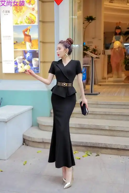 名媛气质有女人味鱼尾礼服长裙夏季新款荷叶边显瘦修身包臀连衣裙